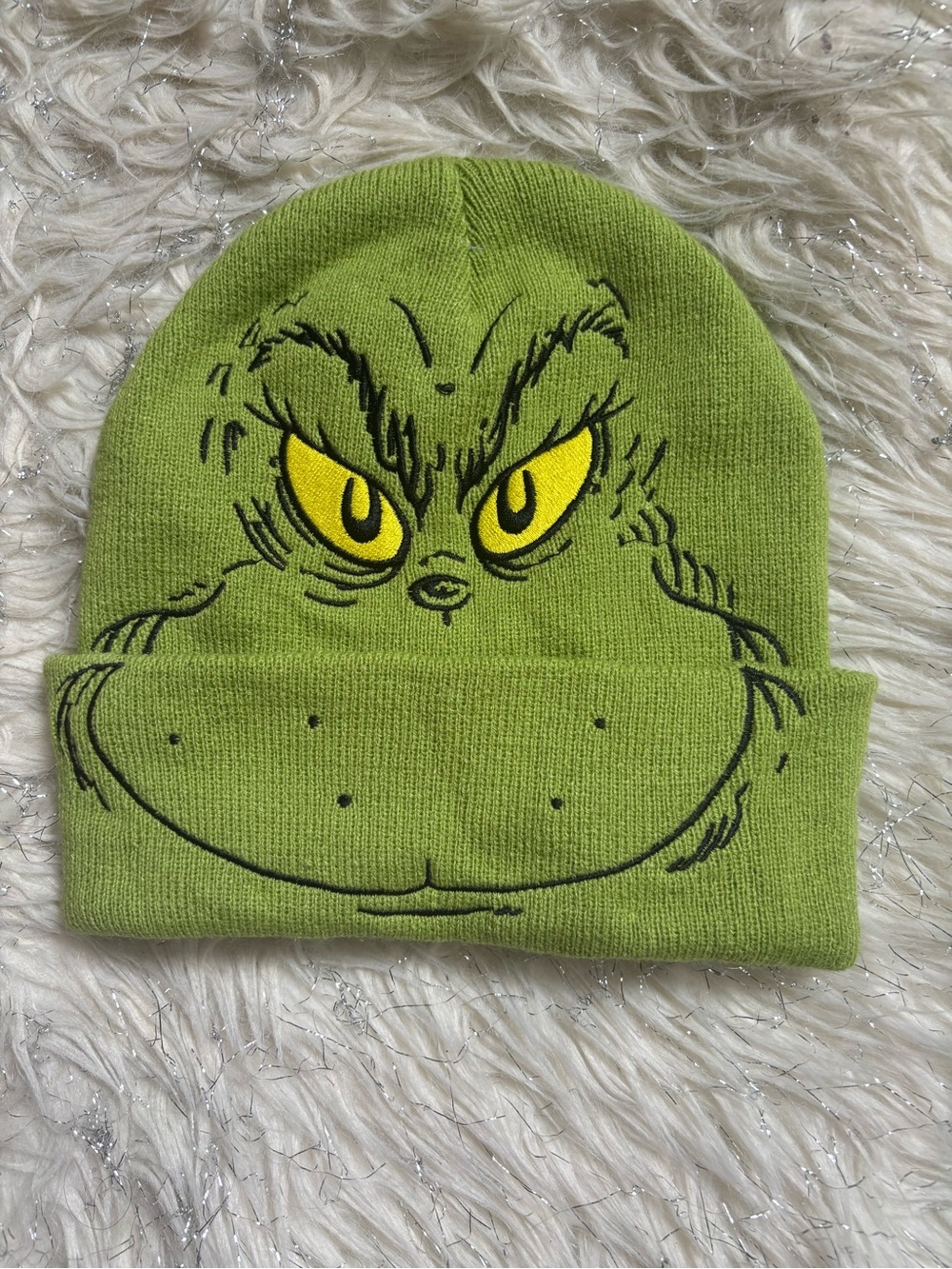 Dr. Seuss Lime Green Grinch Knit Beanie with Yellow Eyes One Size